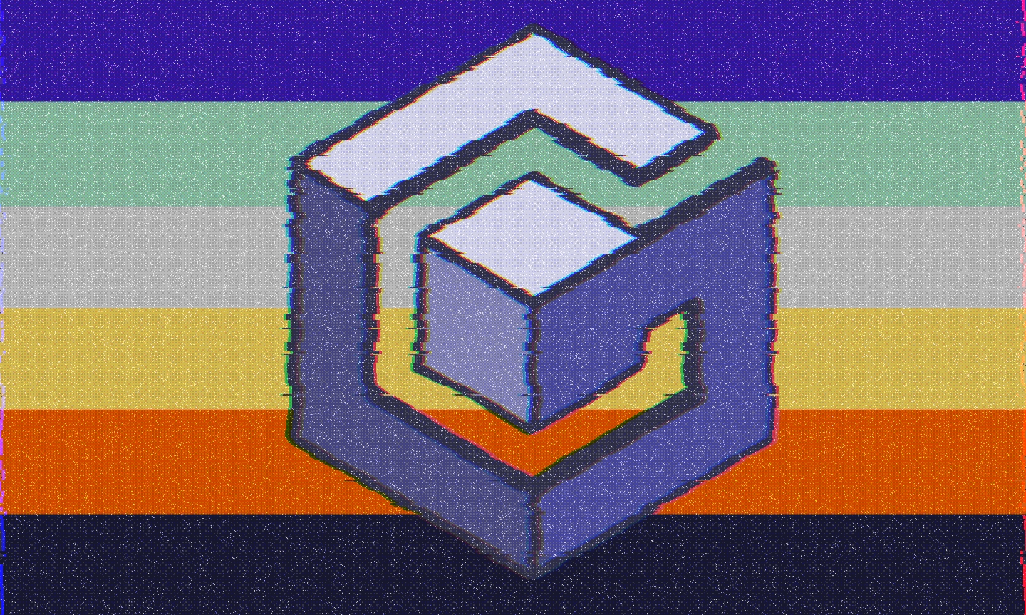 a flag consisting of horizontal stripes with the GameCube logo overlayed on top. The stripes are from top to bottom: indigo, mint (like the limited edition Tales of Symphonia GameCube), silver, gold, orange, and black. This version has a glitchy/static-y effect.